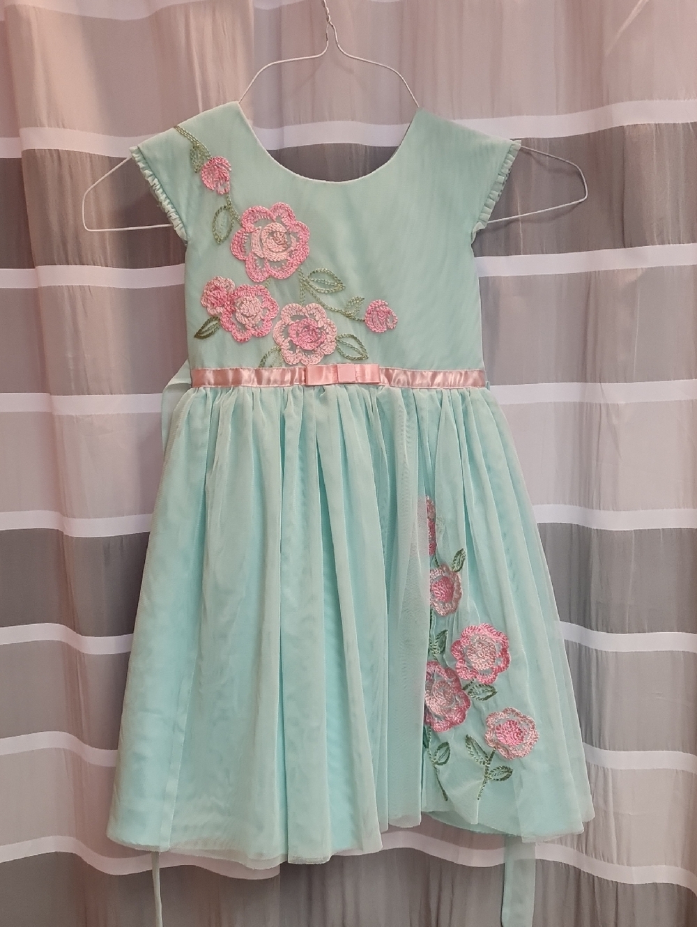Jona Michelle Mint Green Dress with Pink Floral Embroidery
